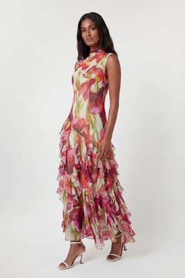 Crinkle Floral Print Beaded High Neck Maxi Dress