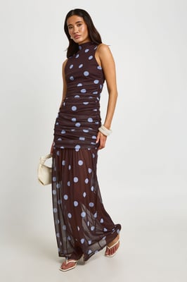 Tonal Polka Dot Ruched Bodice Maxi Dress
