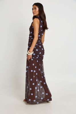 Tonal Polka Dot Ruched Bodice Maxi Dress