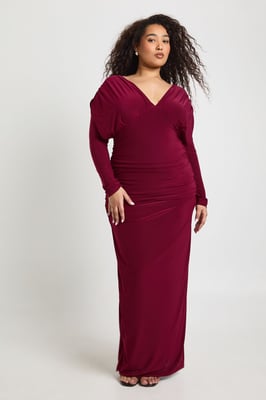 Plus Slinky Plunge Ruched Detail Maxi Dress