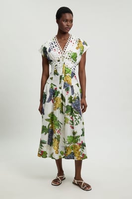 Fruit Print Tape Detail Short Sleeve Woven Maxi Dress