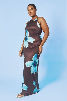 Plus Large Floral Racer Neck Maxi Dress