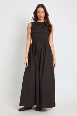Cotton Poplin Shirred Maxi Dress
