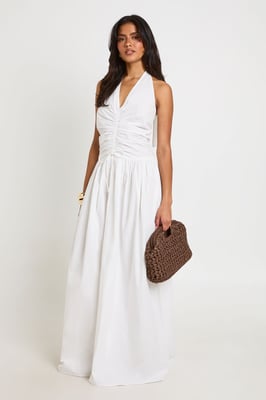 Cotton Poplin Halter Neck Front Gathered Seam Skater Maxi Dress