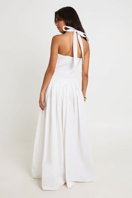 Cotton Poplin Halter Neck Front Gathered Seam Skater Maxi Dress