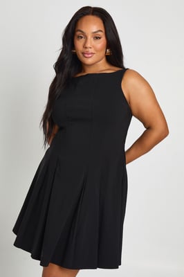 Plus Bengaline Racer Neck Pleated Skater Dress