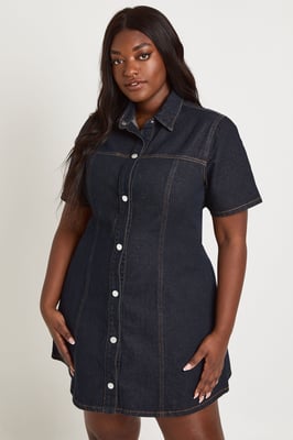 Plus Short Sleeve Cinched Waist Denim Dress