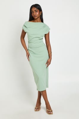 Crepe Asym Neck Drape Midi Dress