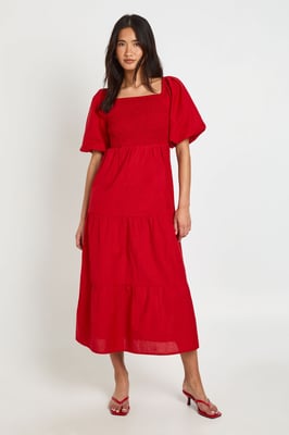 Linen Look Volume Sleeve Tiered Midaxi Dress