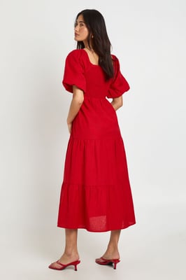 Linen Look Volume Sleeve Tiered Midaxi Dress