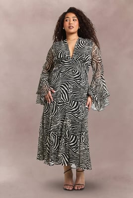 Plus Zebra Flared Cuff Godet Midaxi Skater Dress