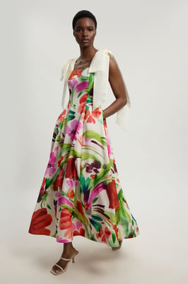 Petite Viscose Linen Floral Print Woven Prom Dress