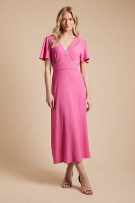 Crinkle jersey Flutter Sleeve Button Front Midi Dress