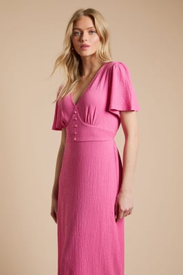 Crinkle jersey Flutter Sleeve Button Front Midi Dress