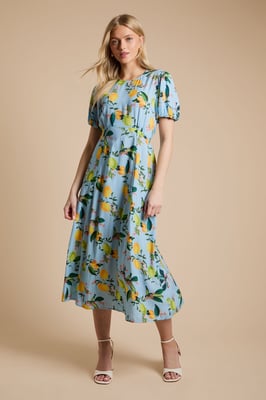 Lemon Empire Seam Puff Sleeve Midi Dress