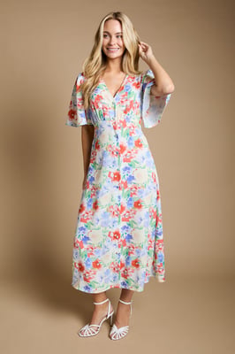 Floral Button Front Angel Sleeve Tie Back Midi Dress