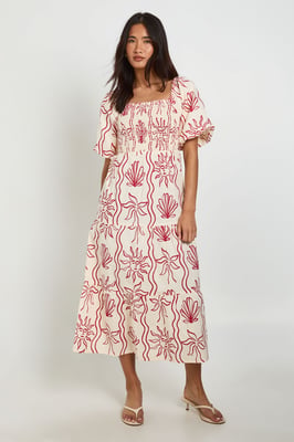 Shell Print Linen Look Volume Sleeve Tiered Midaxi Dress