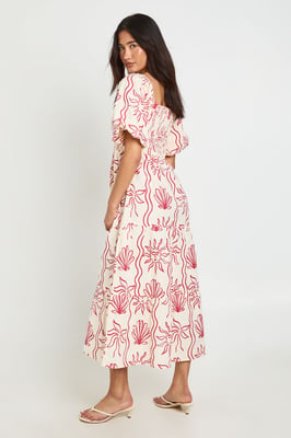Shell Print Linen Look Volume Sleeve Tiered Midaxi Dress