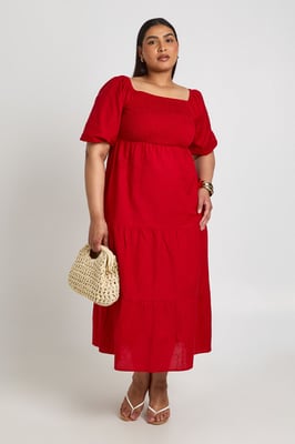 Plus Linen Look Volume Sleeve Tiered Midaxi Dress