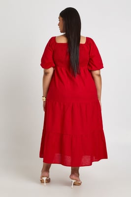 Plus Linen Look Volume Sleeve Tiered Midaxi Dress
