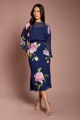 Embroidered Floral Blouson Bodice Pencil Midi Dress