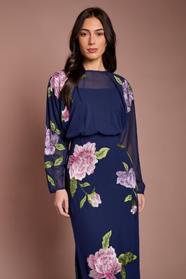 Embroidered Floral Blouson Bodice Pencil Midi Dress