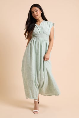 Petite Drawstring Shirred Bodice Midi Dress