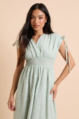 Petite Drawstring Shirred Bodice Midi Dress