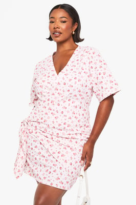 plus ditsy drop waist wrap dress