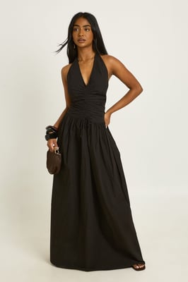 Cotton Poplin Halter Neck Front Gathered Seam Skater Midaxi Dress