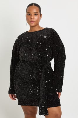 Plus Velvet Sequin Tie Waist Mini Dress