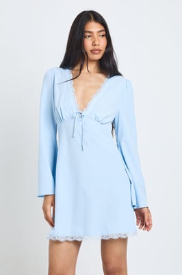 Tall Flared Sleeve Lace Trim Mini Dress