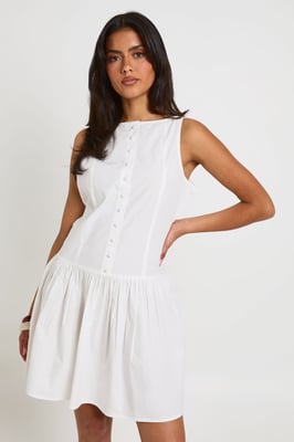 Cotton Poplin Button Through Boat Neck Mini Dress