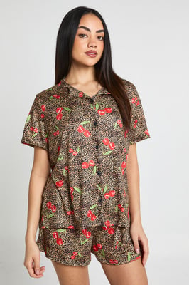 Cherries & Leopard Print Short Sleeve Shirt & Shorts PJ Set