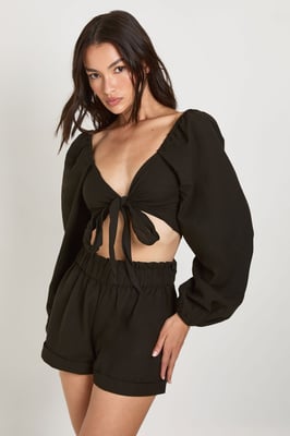 Linen Look Knot Crop & Paperbag Waist Shorts