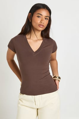 V Neck Cap Sleeve Fitted T-shirt