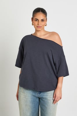 Plus Sheer Slub Off The Shoulder Oversized T-Shirt