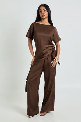 Satin Loose Fit T-Shirt With Tie Trouser Co-Ord