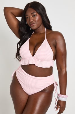 Plus Gingham Ruffle Bikini Top & Ruched High Waist Bikini Bottom