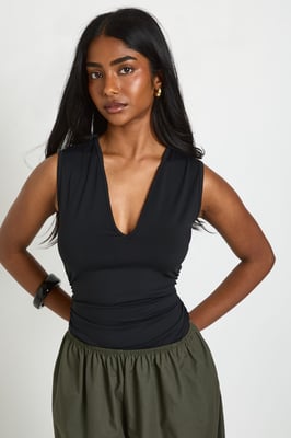 Matte Slinky Ruched Plunge Bodysuit