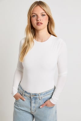 Petite Double Layer Slinky Long Sleeve Crew Neck Bodysuit