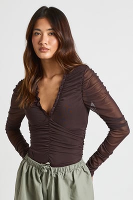 Mesh Ruched Neckline Long Sleeve Bodysuit