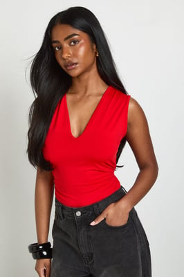 Matte Slinky Ruched Plunge Bodysuit