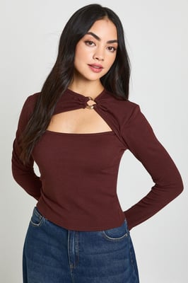 Rib Gold Trim Detail Cut Out Long Sleeve