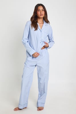 Cotton Poplin Pinstripe Long Sleeve Shirt & Trouser Pyjama Set