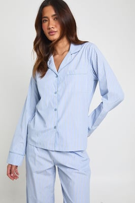 Cotton Poplin Pinstripe Long Sleeve Shirt & Trouser Pyjama Set