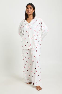Plus Valentines Heart Print Long Sleeve Shirt & Trouser Pyjama Set