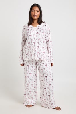 Plus Bows And Cocktails Print Long Sleeve Shirt & Trouser Pyjama Set