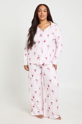 Plus Stripe Cocktail Long Sleeve Shirt And Trousers Pyjama Set