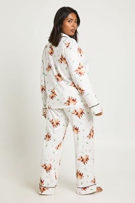 Plus Highland Cow Print Long Sleeve Shirt & Trouser Pyjama Set